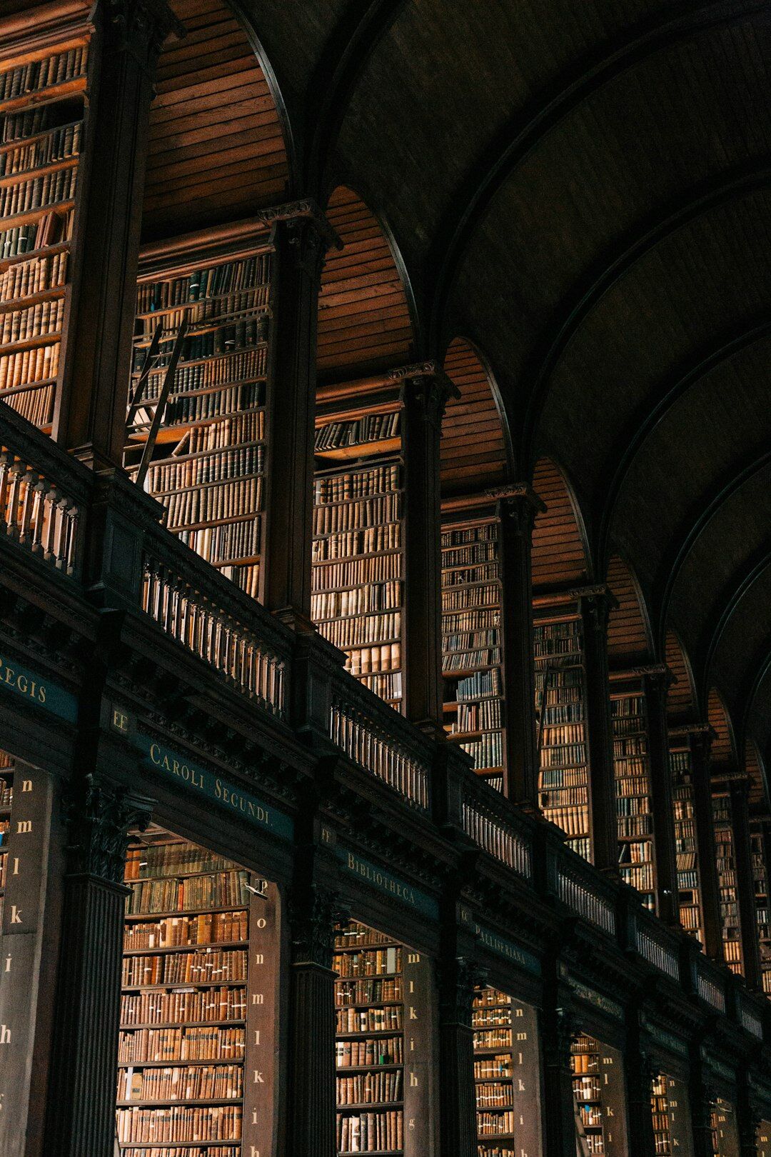 Tall wooden bookshelves in an old library